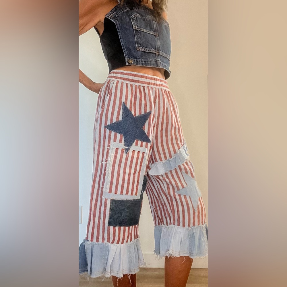 Red and blue striped upcycled bloomer/pants, denim ruffles and patchwork stars M